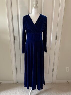 Elegant Long Sleeve Navy Velvet Wrap Maxi Dress